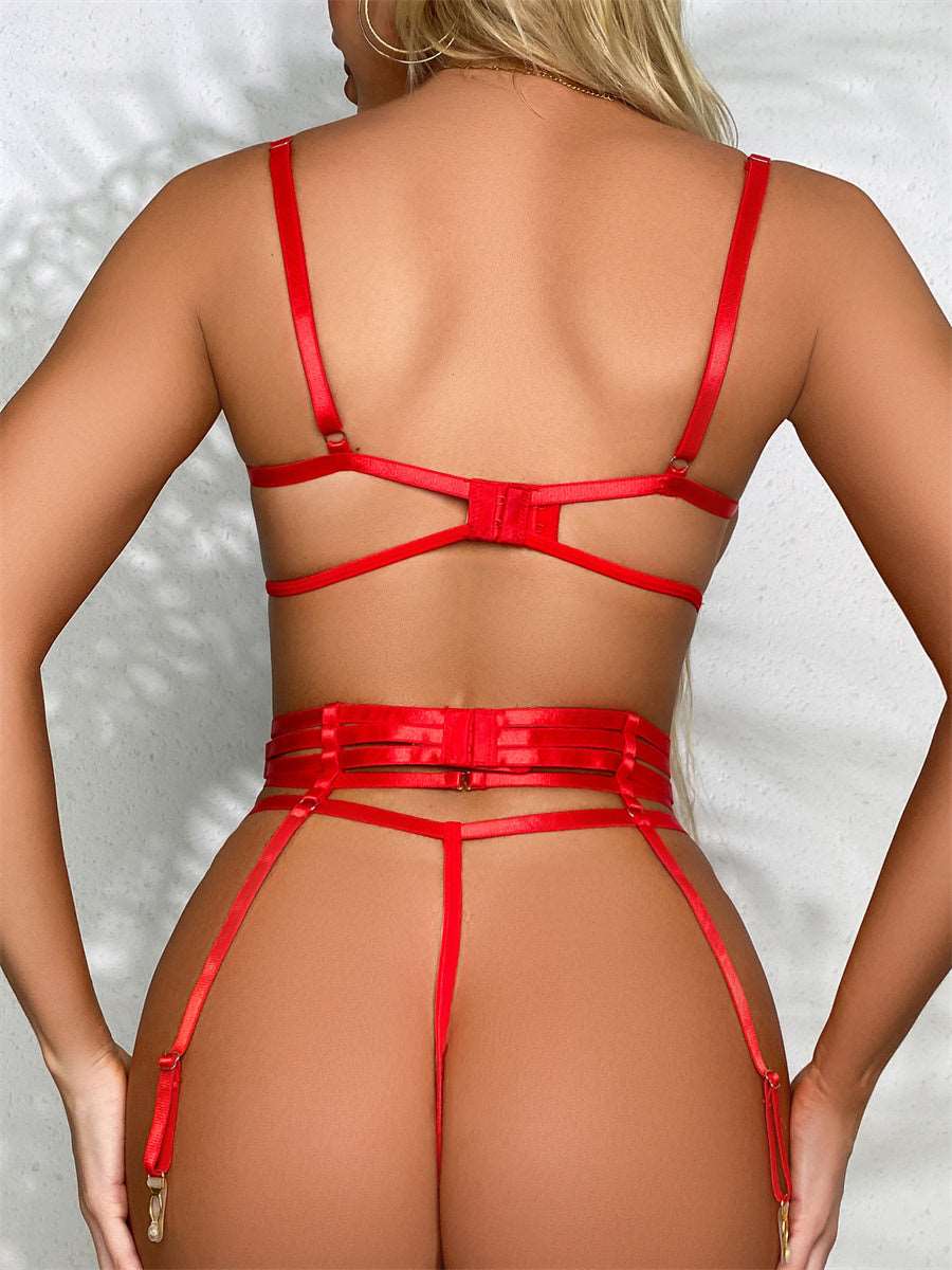 European And American Pajamas Perspective Hollow Three-point Bra Panty Set