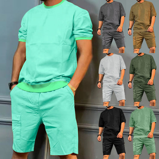 Men's Sports Suits Summer Round Neck Short-sleeved Top And Multi-pocket Shorts Casual Trendy 2pcs Set Clothing
